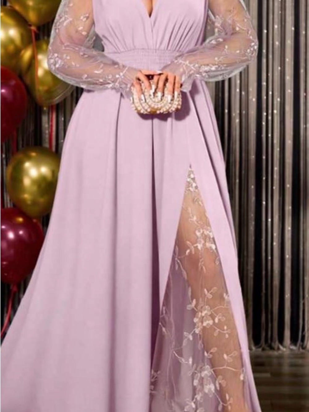 SHEIN Lilac High-Low Evening Gown with Sheer Embroidered Sleeves